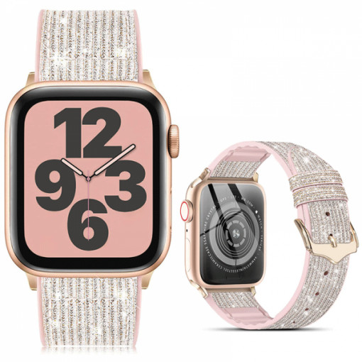 Curea Apple Watch 3 / 4 / 5 / 6 / 7 / 8 / SE series 41 / 40 / 38 mm, catarama clasica, din silicon, design stralucitor, roz