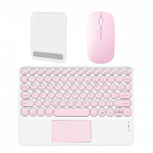 Set 3 in 1 pentru tablete cu Mouse dual Wireless 2.4G si Bluetooth, tastatura cu TouchPad wireless Bluetooth si suport de tableta, roz