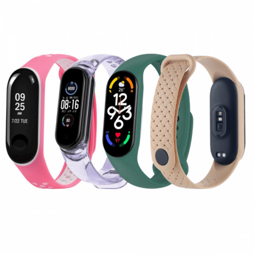 Set 4 curele pentru bratara smartwatch Xiaomi Mi Band 5 / Mi Band 6, silicon, culoare foto-sensibila, roz, verde, transparent - mov, crem