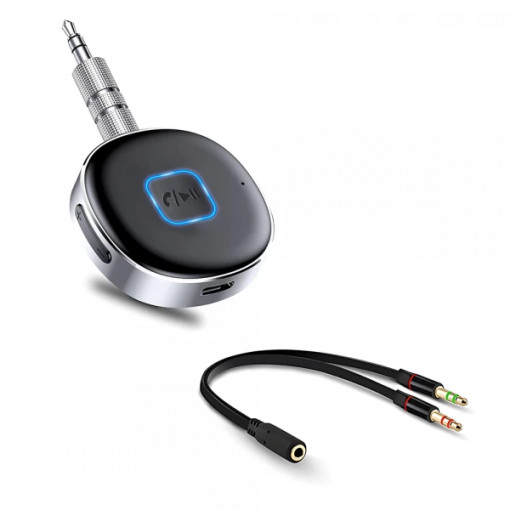 Set adaptor Bluetooth 5.3, Krassus, receiver audio cu port AUX 3.5 mm, pentru sistem audio, masina, cu microfon si cablu splitter audio Jack 3.5 4 pini, negru
