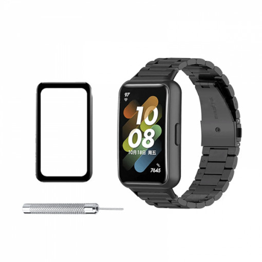 Set bratara smartwatch pentru Huawei Band 7 din otel inoxiabil, tip zale, folie de protectie ecran din sticla, si kit ajustare lungime, negru