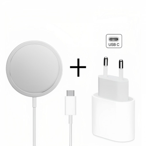 Set incarcator magnetic wireless MagSafe fast charge, 15W, si adaptor USB Type-C 20W pentru seria Apple iPhone 12 / 12 Mini / 12 Pro / 12 Pro Max, 1m, alb