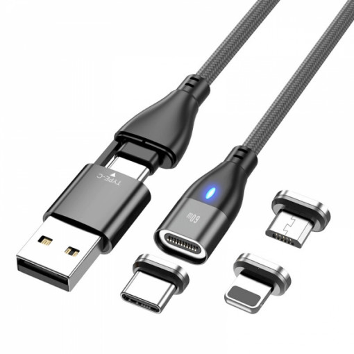 Cablu magnetic 6 in 1 de incarcare si transfer date PD 60W 3A Fast Charge Interfara USB / USB Type -C, 3 mufe Lightning/ Micro USB / Type-C, 1m