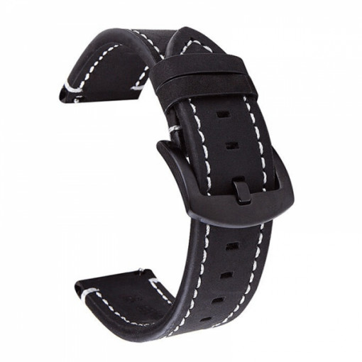 Curea universala 22mm, din piele genuina cusuta, pentru Samsung Watch46, Gear S3, Moro 360 2nd 46, Fossil , aspect retro, negru