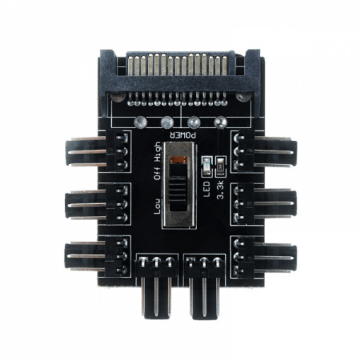 Hub adaptor splitter Sata 15 pini la 8 ventilatoare cu interefata PWM 4 pini / 3 pini, cu switch 3 viteze, pentru sisteme de mining criptomonede,indicator LED