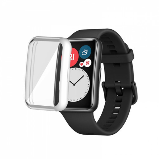 Husa de protectie tip rama cu ecran din silicon electroplacat pentru Huawei Watch Fit 1, silver