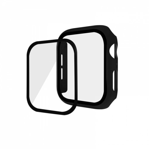 Set 2 in 1 carcasa tip rama ecran si folie de sticla, pentru Apple Watch 4 / 5 / 6 series, 44mm, negru