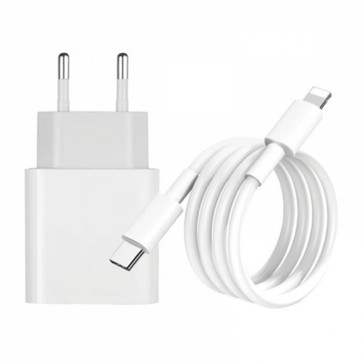 Set 2 in 1 incarcator Type-C 20W si cablu PD de incarcare / transfer date USB Type-C – Lightning, 1m, alb