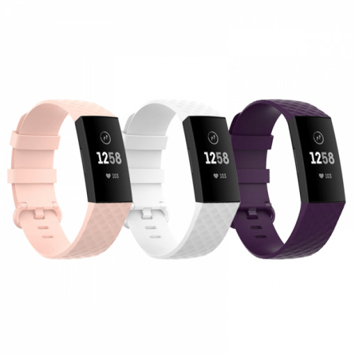 Set 3 curele sport pentru bratara fitness Fitbit Charge 4 / 3 / 3E din silicon, marime S, alb, roz, mov