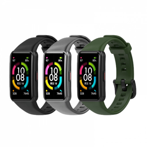 Set 3 curele sport pentru bratara fitness Huawei Band 7 din silicon, negru, verde, gri