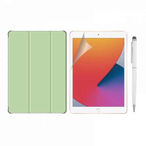 Set 3 in 1 pentru iPad 8, 10.2 inch 2020 / iPad 7, 10.2 inch cu husa carte, folie protectie ecran si stylus, A2428 / A2429 / A2430 / A2270 / A2200 / A2198 / A2197 , verde