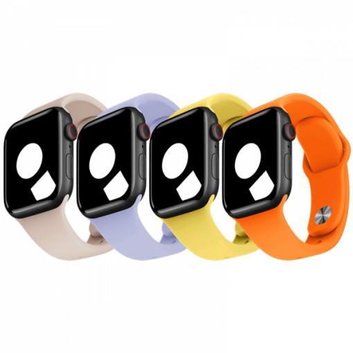 Set 4 curele Apple Watch 3 / 4 / 5 / 6 / 7 / 8 / SE series 38 / 40 / 41 mm, galben, portocaliu, roz, mov deschis