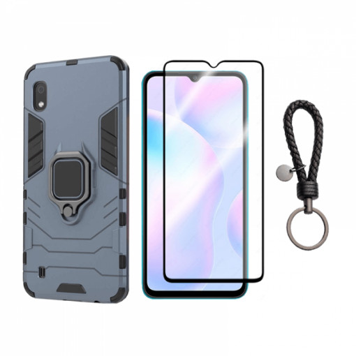 Set protectie 2 in 1 pentru Xiaomi Redmi 9A cu husa hybrid antisoc cu stand inel si folie sticla ceramica fullsize si breloc cadou, dark blue