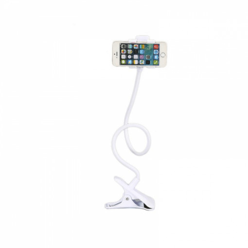 Suport flexibil cu rotatie 360 grade, pentru telefon, clips prindere pentru birou, alb