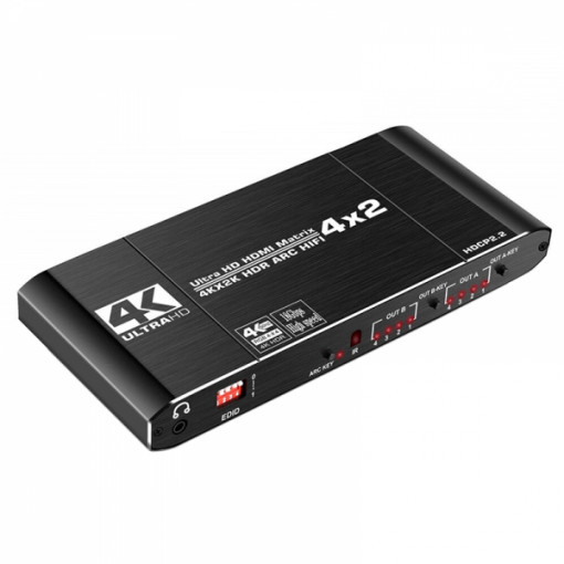 Switch HDMI 2.0b HDCP 2.2 MATRIX 4K 60Hz, 4in 2out, extractor Audio Optical SPDIF , Jack 3.5mm, Coaxial, EDID si ARC, telecomanda IR