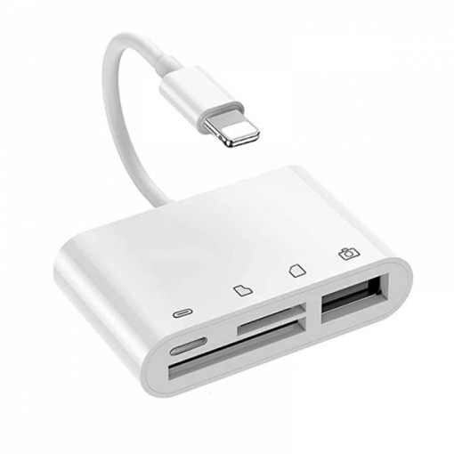 Cablu adaptor cititor card redader 4 in 1 cu port Lighting pentru card memorie SD/TF, USB si port inlocuitor Lighting, alb