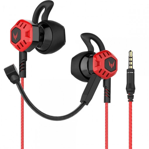 Casti In Ear cu fir si 2 microfoane pentru gaming, G100X Langsdom, suport pentru urechi, microfon detasabil si incorporat, pentru telefon, Xbox, PS4, PC, negru-rosu