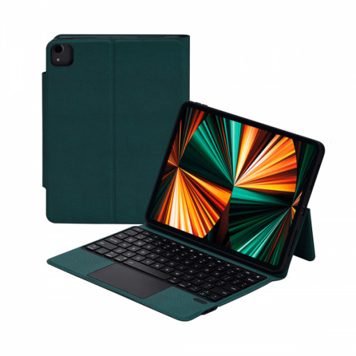 Husa iPad 10.9 inch si 11 inch, iPad Air 5/ 4, iPad Pro 2022/ 2021/ 2020/ 2018, tip carte cu tastatura si touchpad, din piele ecologica cu suport touchpen, verde, A2316/ A2324/ A2325/ A2072/ A2759/ A2435/ A2761/ A2762/ A2228/ A2230/ A2068/ A2228/ A2068/ A