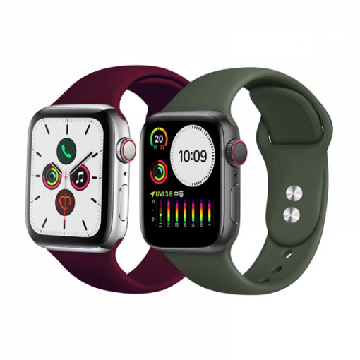 Set 2 curele din silicon cu conectori pentru Apple Watch 1 / 2 / 3 / 4 / 5 series 38 / 40 mm,verde , visiniu