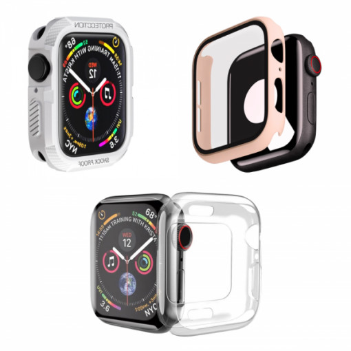 Set 3 huse pentru Apple Watch de 41mm, tip rama din sticla securizata, tip rama din silicon moale elecroplacat, tip bumper din silicon, roz, alb, transparent