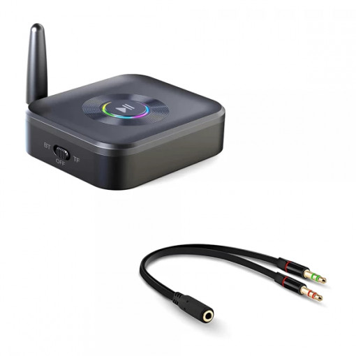 Set adaptor Bluetooth 5.1, Krassus, receiver audio cu port AUX 3.5 mm, port Type-C, cititor de carduri TF, pentru sistem audio, masina si cablu splitter audio Jack 3.5 4 pini, negru