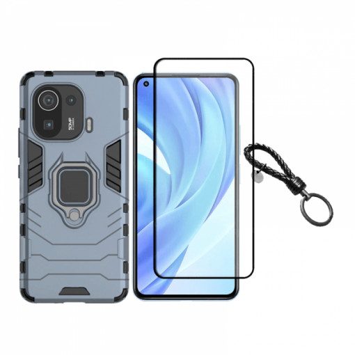 Set protectie 2 in 1 pentru Xiaomi Mi 11 Lite / Mi 11 Lite 5G cu husa hybrid antisoc cu stand inel si folie sticla ceramica fullsize si breloc cadou, dark blue