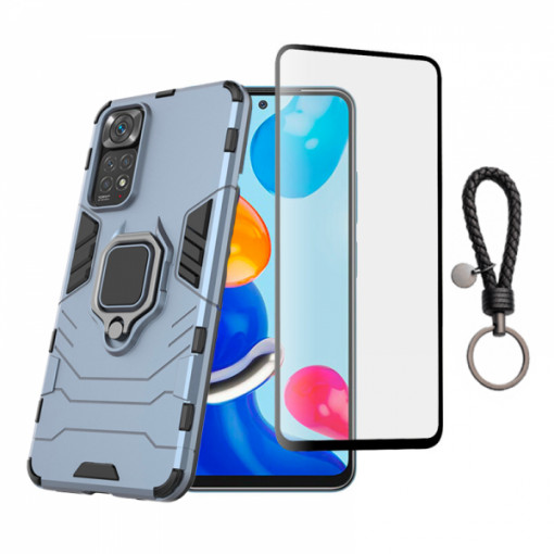 Set protectie 2 in 1 pentru Xiaomi Redmi Note 11 cu husa hybrid antisoc cu stand inel si folie sticla ceramica fullsize si breloc cadou, dark blue