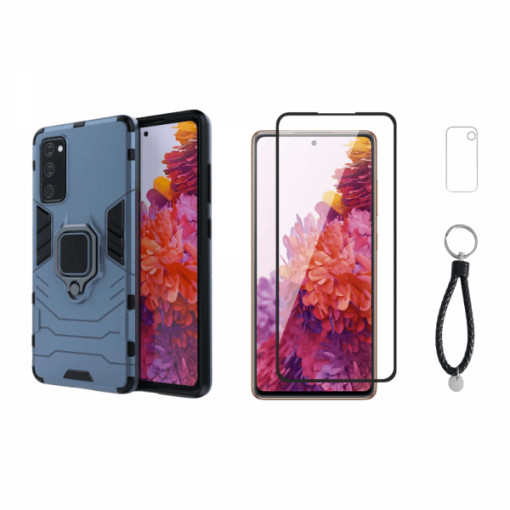 Set protectie 3 in 1 pentru Samsung S20 FE (4G) cu husa hybrid antisoc cu stand inel, folie sticla ceramica fullsize, 2 folii sticla pentru camera si breloc cadou, dark blue