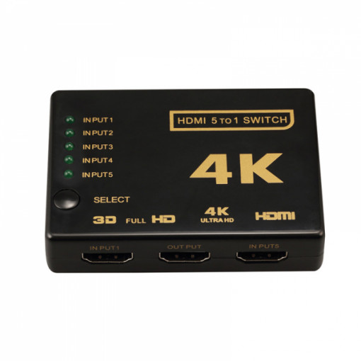 Switch HDMI 2.0 HDCP 2.2 4K x 2K 60Hz RGB 4:4:4 HDR10 5in 1 out cu teleocmanda IR, negru