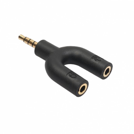Adaptor audio jack 3.5mm de 4 pini cu 2 iesiri pentru microfon si casti plus capac, negru