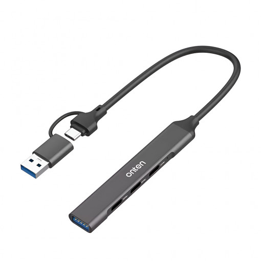 Hub USB 4 in 2 ONTEN, adaptor multiport USB A/ USB C la 1 x USB 3.0, 3 x USB C, carcasa aluminiu, negru