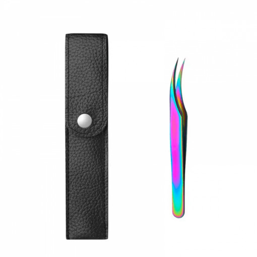 Penseta curbata pentru extensii gene, Focstar, cu husa din piele, multicolor