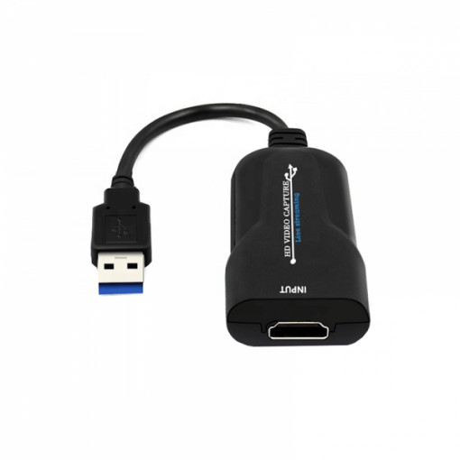 Placa de captura video input HDMI 30 Hz la output USB 3.0, FullHD 1080p, 60 fps, pentru inregistrare, negru