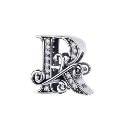 Talisman charm din Argint 925 KRASSUS Letter R, cu Zirconiu, pentru bratara sau pandantiv lant, model litera