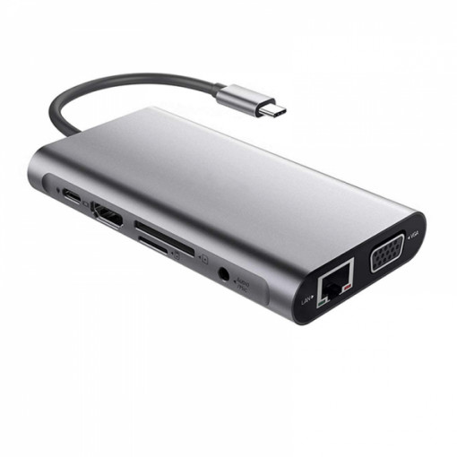 Adaptor HUB multiport USB Type-C la 3 x USB 3.0, HDMI 4K 30Hz, VGA 1080P 60Hz, RJ45, 3.5mm Audio, Cititor de carduri SD/TF, PD 100W, pentru MacBook, Chromebook, laptop, gri