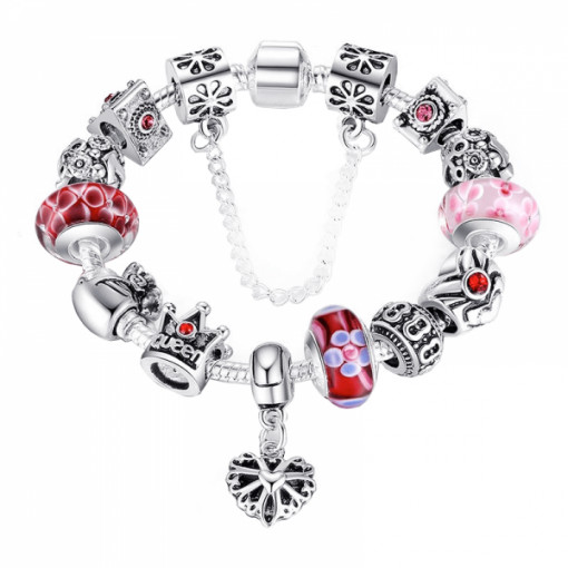 Bratara cu charms Queen, din aliaj placat cu argint, cu 12 talismane si opritor cu lant de siguranta, 18cm, roz, model flori