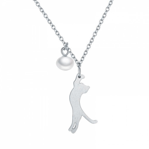 Colier cu pandantiv argint 925 si perla KRASSUS Kitty, lungime ajustabila 38 - 45 cm, model pisica