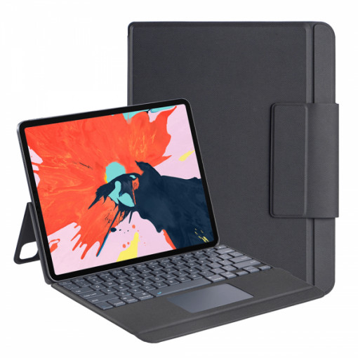Husa iPad Pro 12.9 inch iPad Pro 12.9 2022/2021/2020/2018, tip carte cu tastatura si touchpad, din piele ecologica cu suport touchpen, gri, A2436/ A2764/ A2437/ A2766/ A2378/ A2461/ A2379/ A2462/ A2229/ A2069/ A2232/ A2233/ A1876/ A2014/ A1895/ A1986