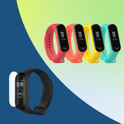 Pachet Set 4 curele din silicon pentru Xiaomi Mi Band 3/4, rosu, galben, portocaliu, turcoaz + Set 3 folii de protectie ecran pentru Xiaomi Mi Band 4