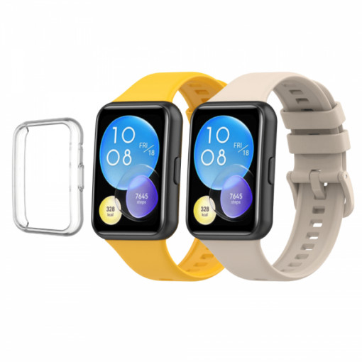 Set 2 curele pentru Huawei Watch Fit 2 Active, bratara smartwatch din silicon, galben, roz + husa de protectie tip rama din silicon moale elecroplacat, transparent