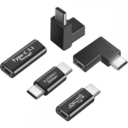 Set 5 adaptoare USB 3.1 Type-C, Tip C mama la tata, Tip C mama la mama, Tip C tata la tata, Tip C unghi 90 grade tata la mama, Tip C unghi 270 grade tata la mama, negru