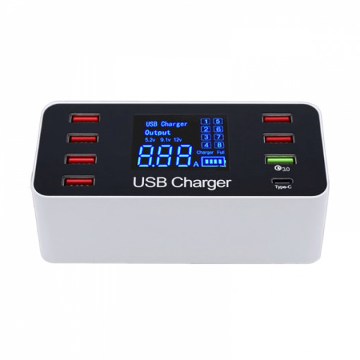 Statie de incarcare 40W Smart USB Quick Charge 3.0, 7x USB 2.0, USB Type-C, cu afisaj LED, alb