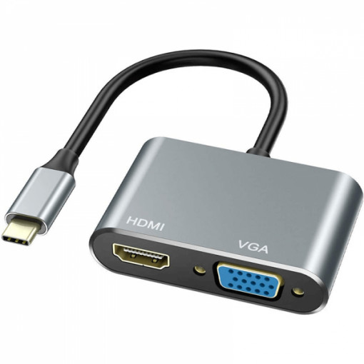 Adaptor multiport HUB USB Type-C la USB 3.0, HDMI 4K 30Hz, VGA, USB-C PD 87W, pentru MacBook, Chromebook, laptop cu incarcare Type-C, gri