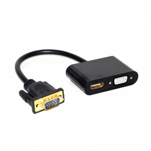 Cablu convertor full HD VGA tata la HDMI si VGA mama, cu audio input 3.5mm, si alimentare prin micro USB