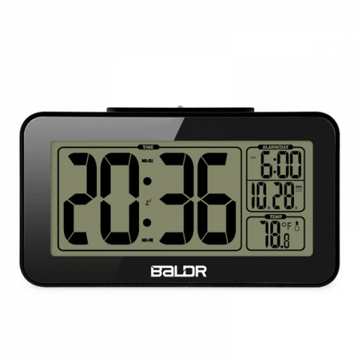 Ceas digital desteptator cu alarma si buton snooze, BALDR, termometru, calendar, dual time, senzor luminozitate redusa, negru