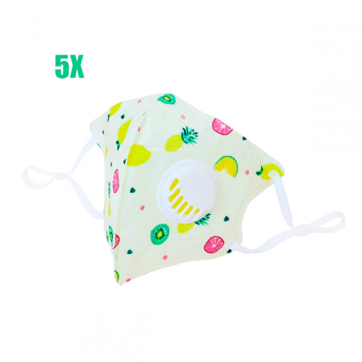 Masca de protectie KN95 FFP2, cu valva pentru expiratie, pentru copii 3 - 10 ani, pliabila, set 5 bucati, galben