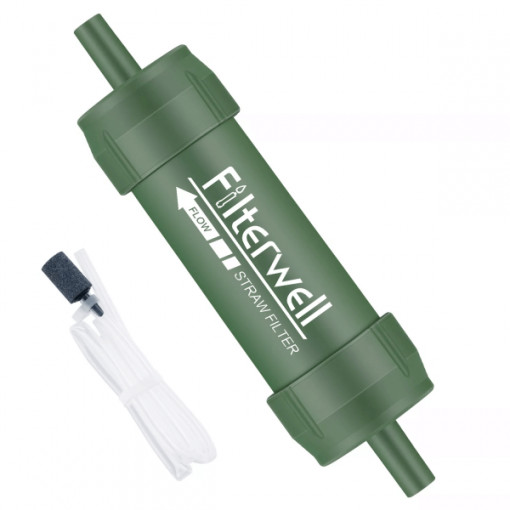 Mini - Filtru de apa profesional FilterWell, portabil, cu tripla filtrare, cu pai, protectie 99.9999%, UF11 0.01 microni, pana la 4000Litri, pentru drumetiii, camping, inundatii, verde