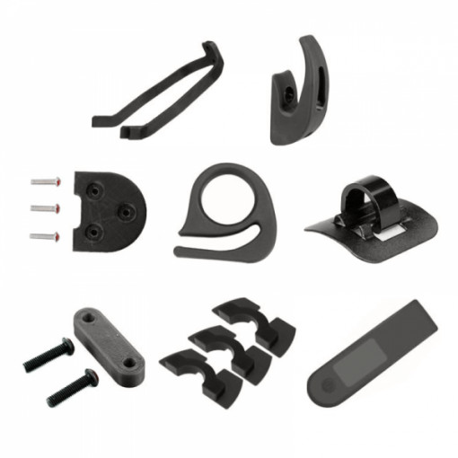 Set 8 piese pentru Xiaomi Mijia M365 suport aripa, carlig frontal, carlig pliere, inaltator aripa si cric, clips cabluri, 3 amortizoare, husa dashboard, negru