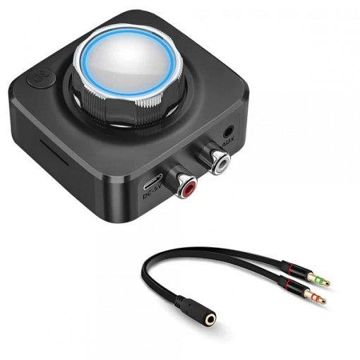 Set adaptor Bluetooth 5.1, Krassus, receiver audio cu port AUX 3.5 mm, RCA, cititor de carduri TF, pentru sistem audio, masina si cablu splitter audio Jack 3.5 4 pini, negru