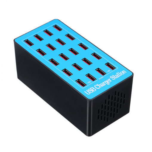 Statie de incarcare 100W Smart cu 20 porturi USB 5V 20A si ventilator , albastru